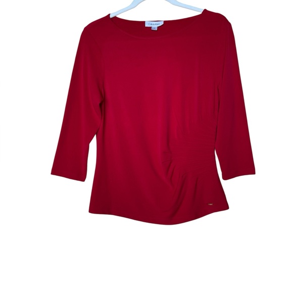 Calvin Klein Red Three-Quarter Sleeve Top – Pleated Waist Detail, Size Small - Picture 3 of 7